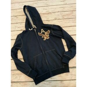 American Eagle Outfitters Mens Navy Blue Full Zip Hoodie Distressed Logo Y2K M